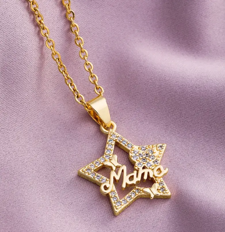 [501191504661-15] Collar Acero Inoxidable 304 Cobre Moda MAMÁ Enchapado Embutido Letra Forma De Corazón Circón 