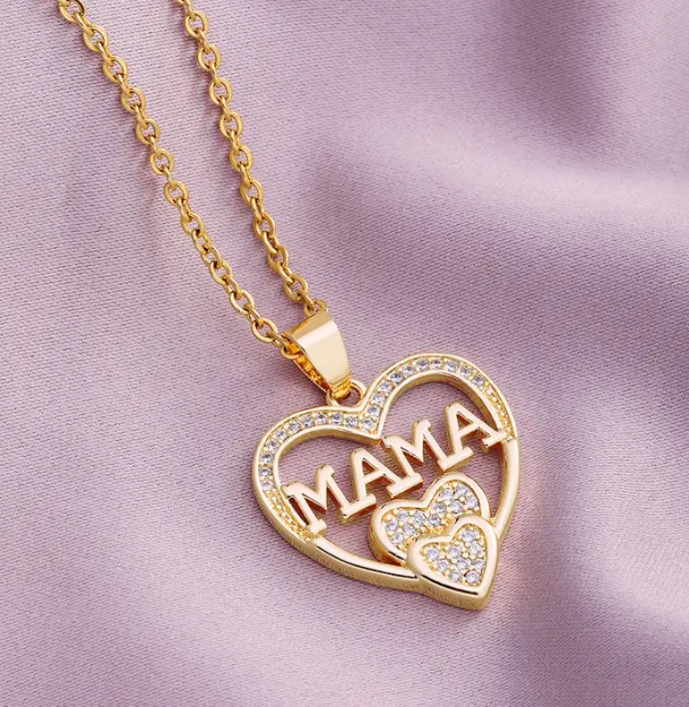 [501191504661-16] Acero Inoxidable 304 Cobre Moda MAMÁ Enchapado Embutido Letra Forma De Corazón Circón 