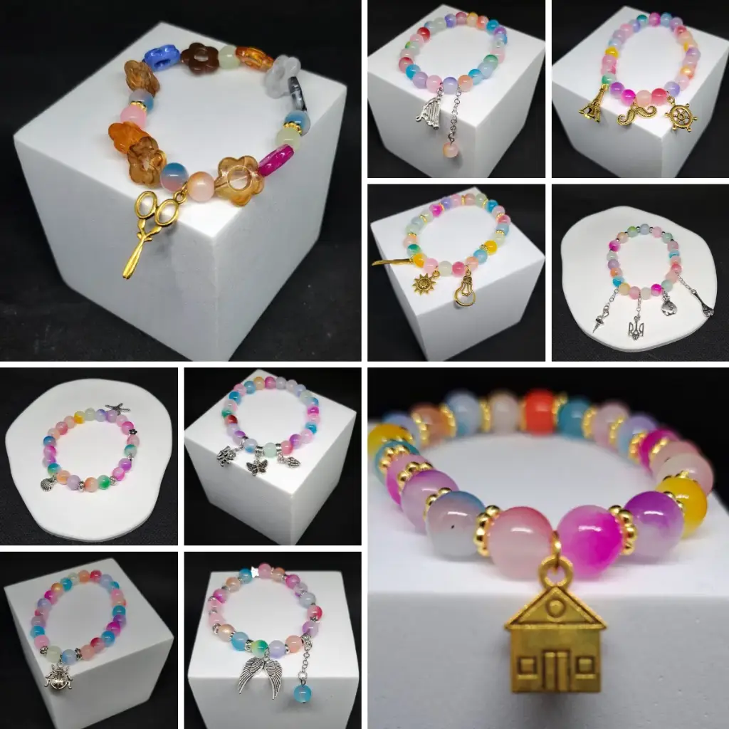 [SET-11] Pulsera de Vidrio  y Dije Expresivo · 17 cm