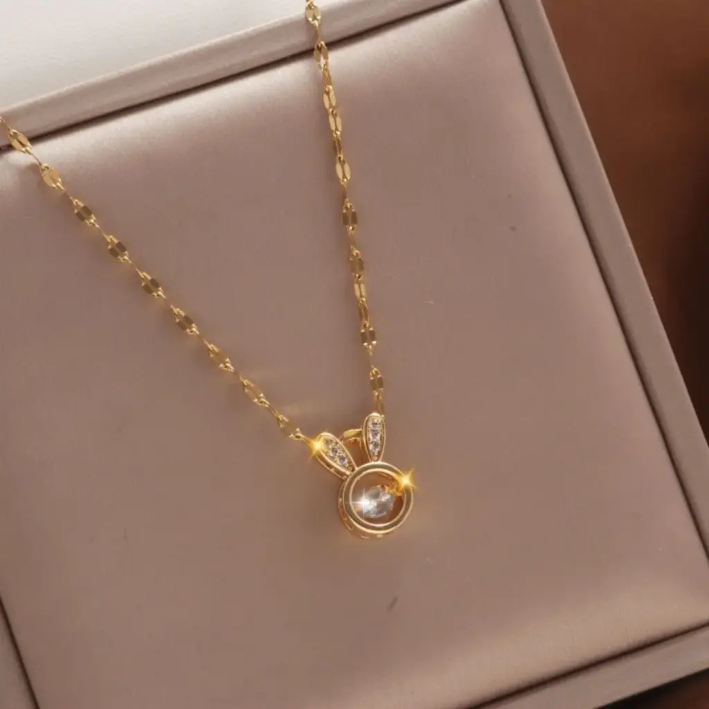 [501191504661-Conejo] Collar Colgante Dulce Estilo Simple Brillante Conejo Acero Inoxidable 201 Cobre Embutido Circón 