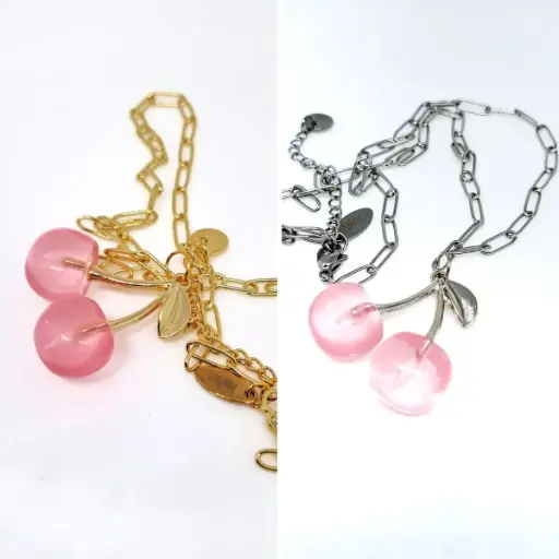 Collar Cerezas Grandes Rosa Transparente