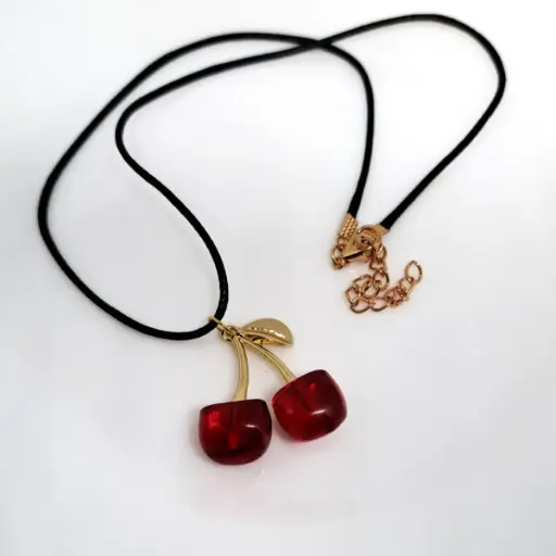 [TiniAcc-18] Collar Cereza Roja Hoja Dorada