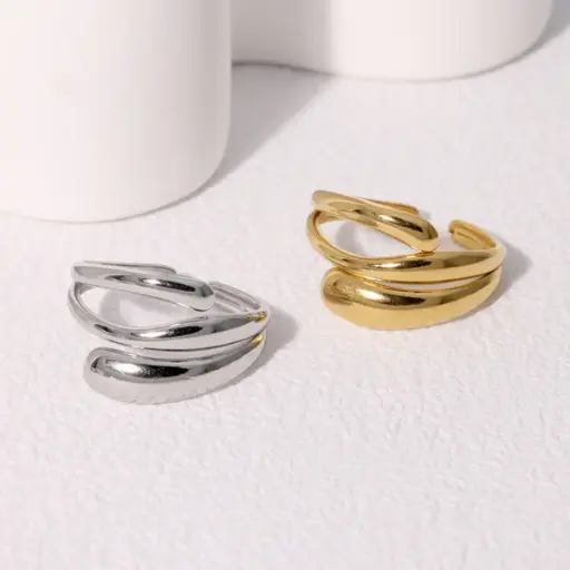 Anillo Abierto Retro de Líneas Doradas – Acero Inoxidable 304