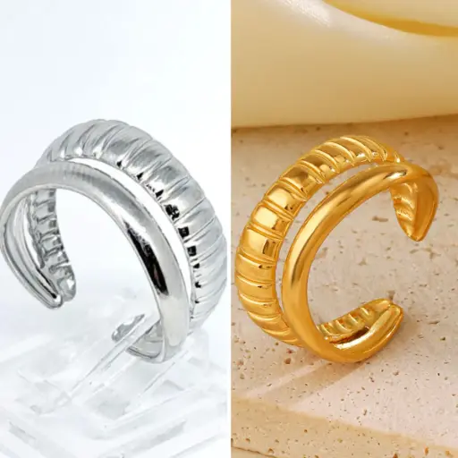 Anillo Abierto Retro de Líneas Doradas – Acero Inoxidable 304